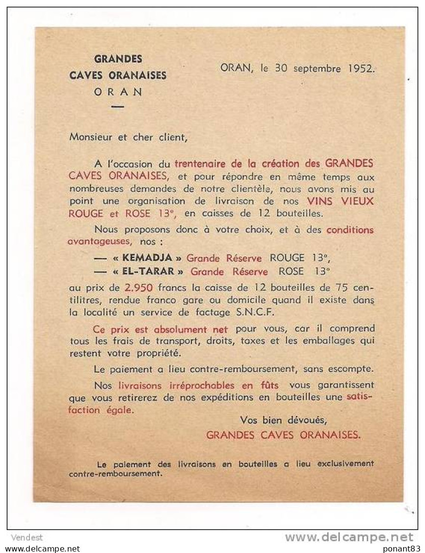 Algérie: Grandes Caves Oranaises: Publcité Complète: Enveloppe EMA, Lettre 30.09.1952, Tryptique Tarif, BdeC ... - Alcolici