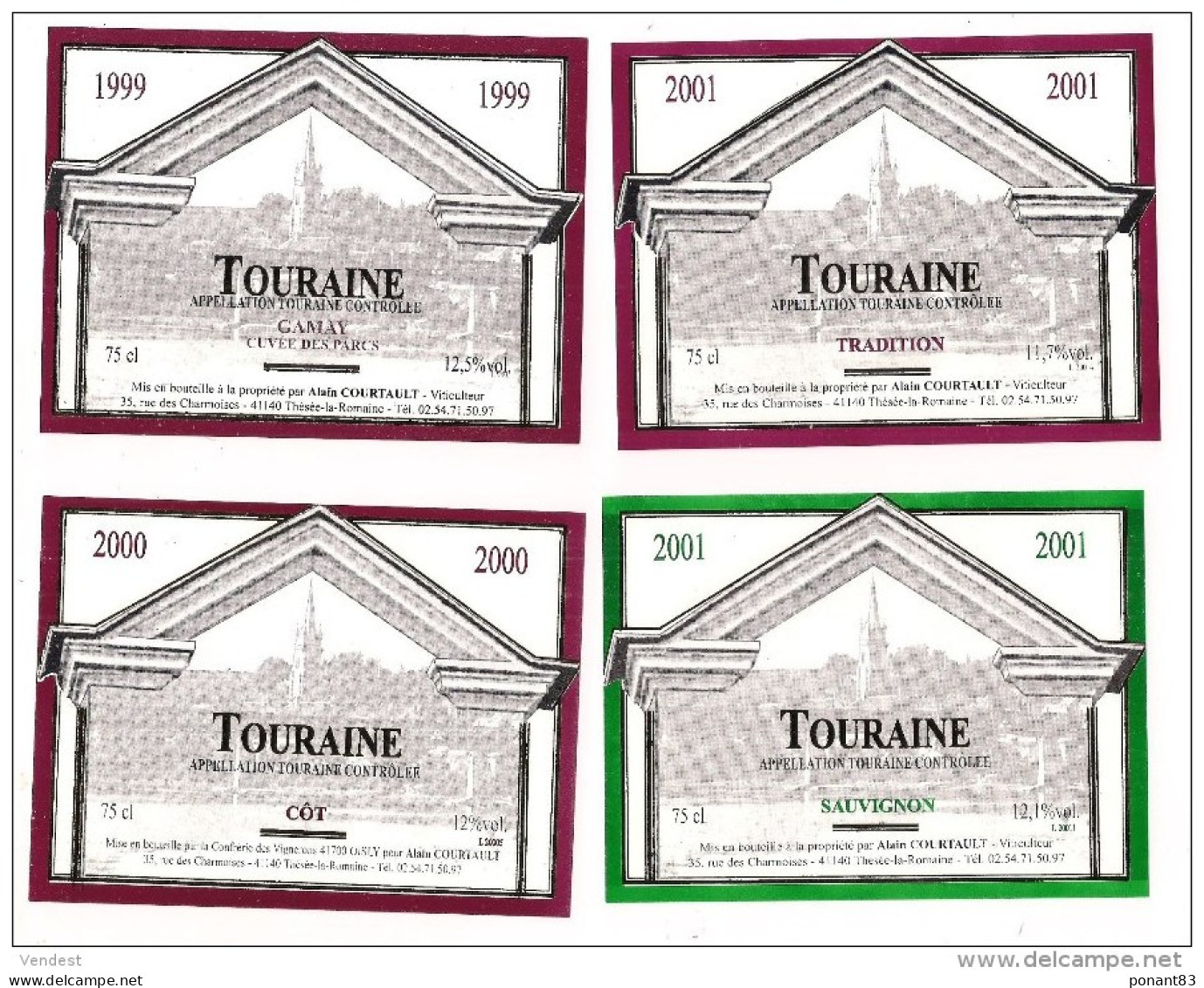 4 Etiquettes TOURAINE  Gamay 1999, Côt 2000, Tradition  Et Sauvignon 2001 - A.Courtault -Thésée La Romaine - Collections, Lots & Séries