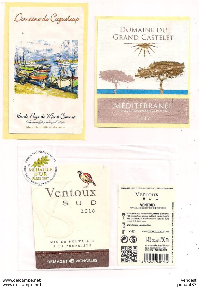 3 étiquettes - Domaine De Cagueloup, Vin De Pays De Mont Caume, Domaine Du Castellet 2016 Et Ventoux Sud 2016 - - Côtes Du Ventoux