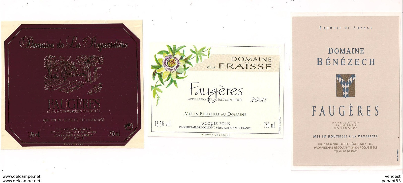 Etiquettes Faugères Domaine De La Reynardière, Du Fraïsse 2000 Et Bénézech - - Languedoc-Roussillon