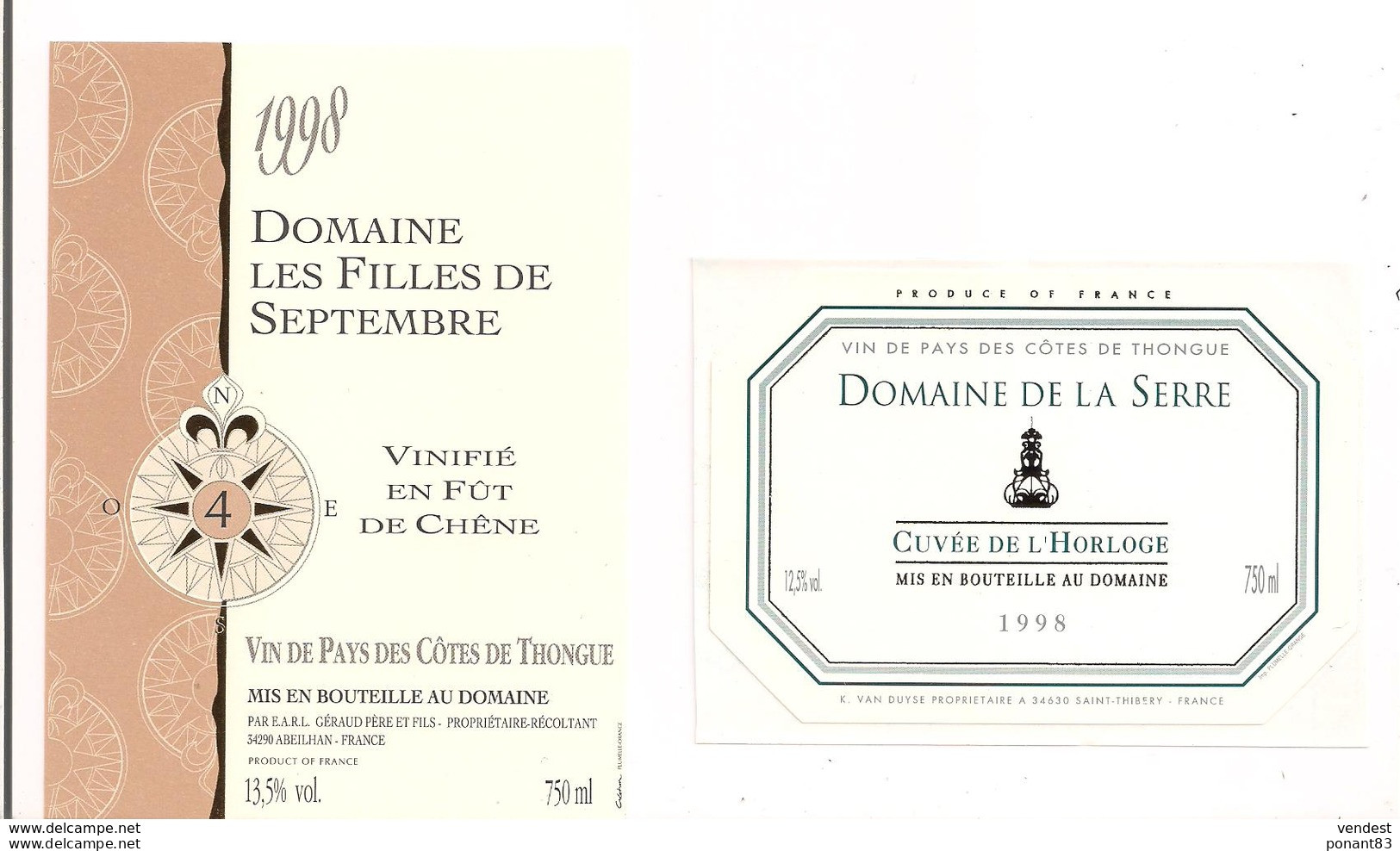 Etiquettes Vin De Pays Des Côtes De Thongue Domaine De La Serre Van Duysse Et Des Filles De Septembre 1998 - - Languedoc-Roussillon