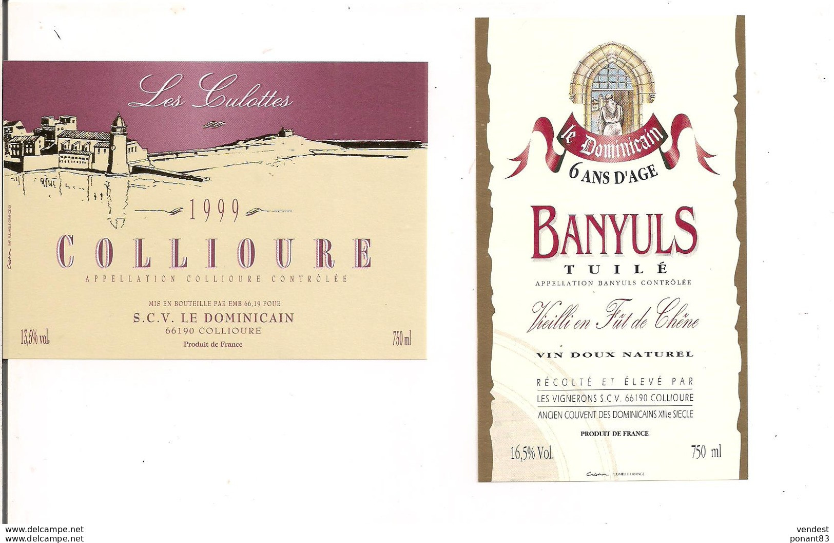 Etiquettes Vin De Collioure Les Culottes 1999 Et Banyuls Tuilé 6 Ans D'âge Le Dominicain - - Languedoc-Roussillon