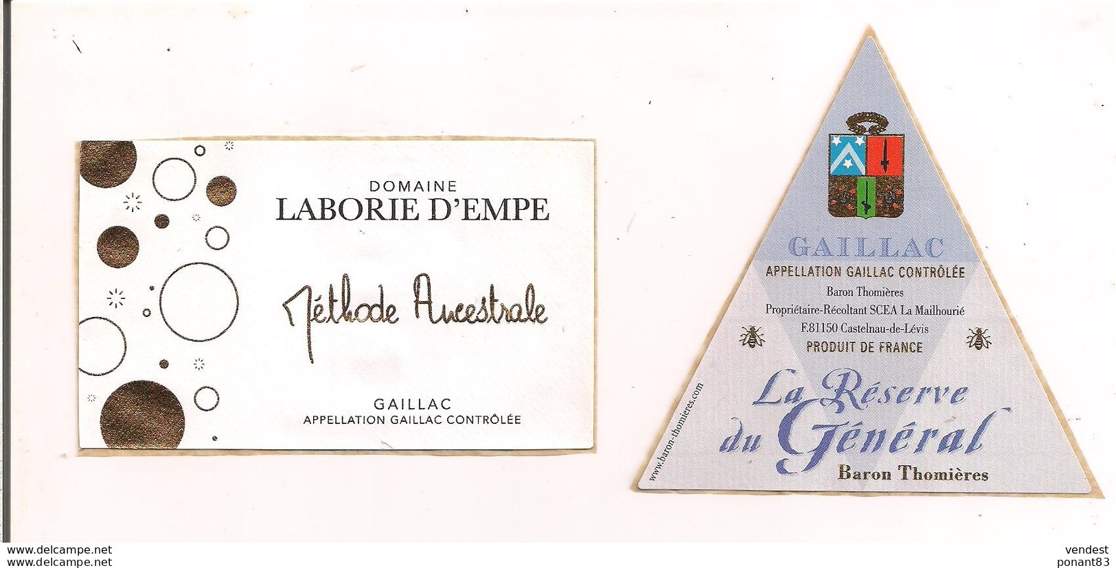 Etiquettes  Décollées Gaillac Domaine Laborie D'Empe Méthode Ancestrale Et La Réserve Du Général Baron Thomières - - Gaillac