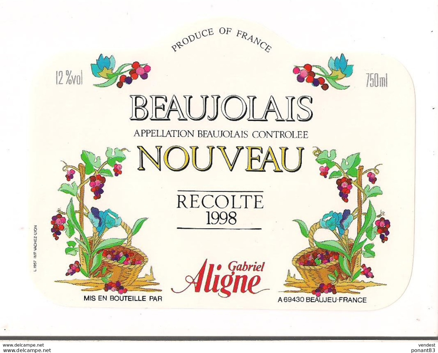 Etiquette  Beaujolais Nouveau  - Récolte 1998 -  Gabriel Aligne à  Beaulieu - - Beaujolais