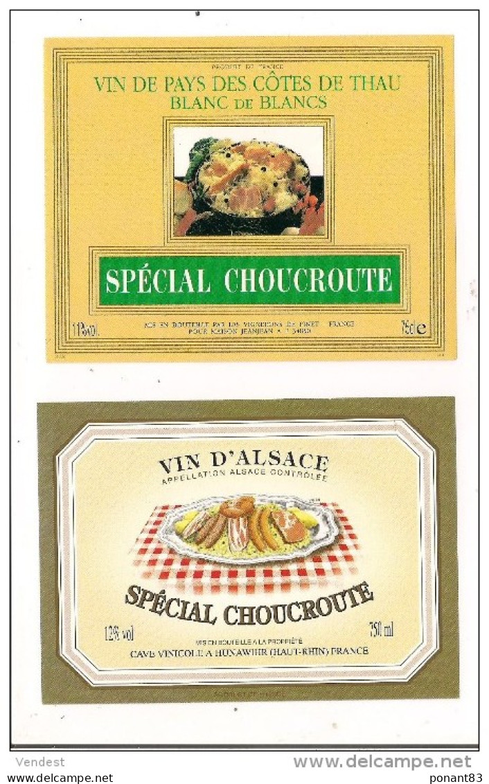 Etiquettes Spécial Choucroute: Vin De Pays Des Côtes De THAU Et Alsace Cave à Hunawihr - - Weisswein