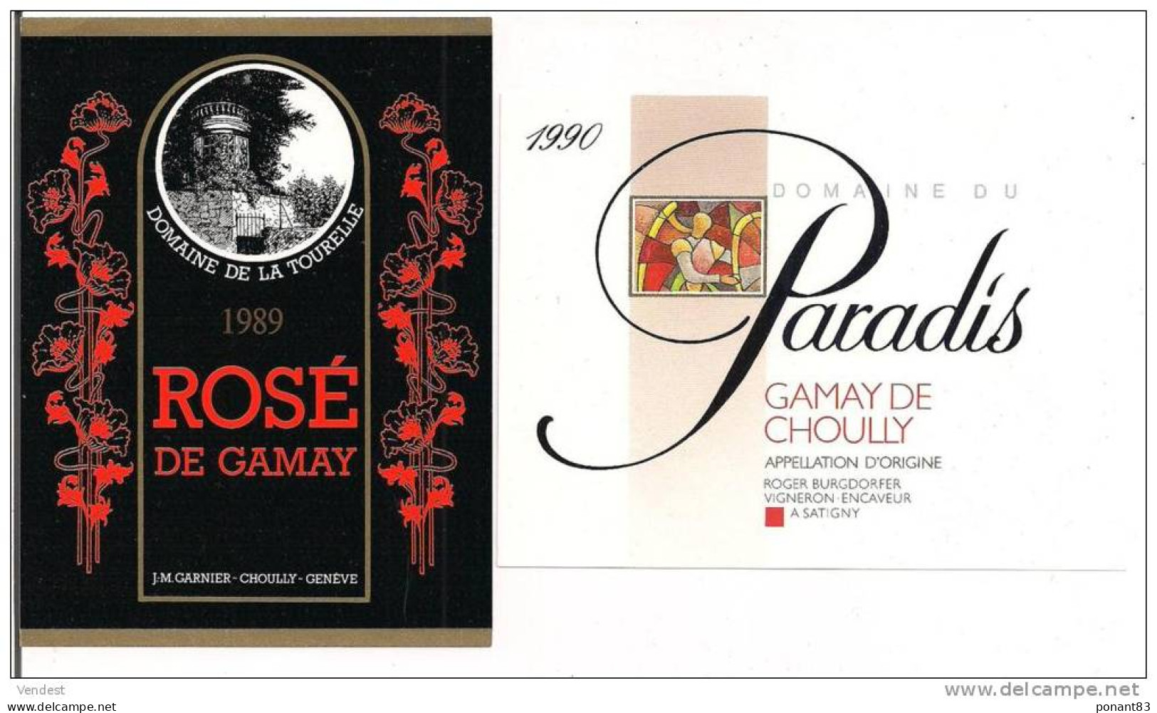 Etiquettes Vin De Suisse: Rosé De Gamay Domaine De La Tourelle 1989 Et Paradis De Choully 1990 - - Lots & Sammlungen