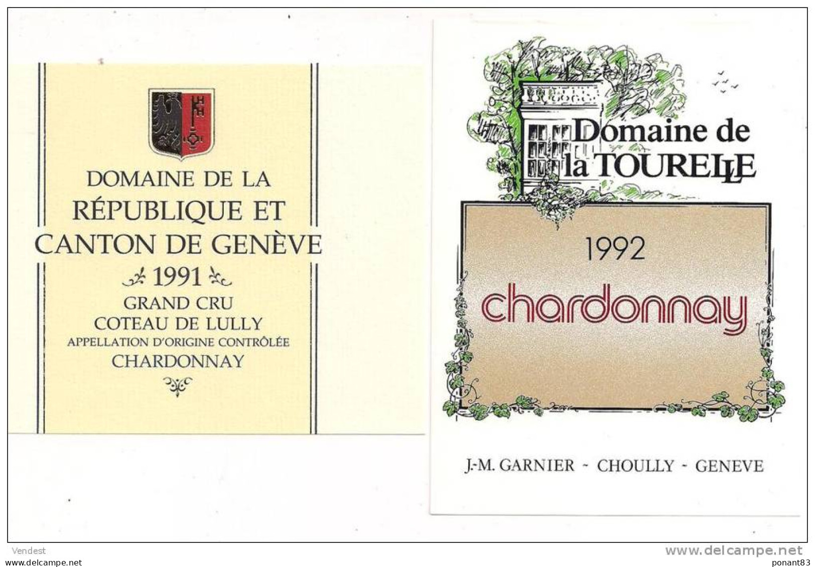 Etiquettes Vin De Suisse: Chardonnay Domaine De La Tourelle 1992 Et Domaine De La République 1991 Coteau De Lully - - Lots & Sammlungen