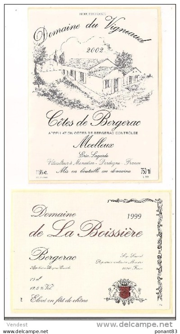 étiquettes Bergerac Domaine De La Boissière 1999 Et Côtes De Bergerac Domaine Du Vigneaud 2002 - - Bergerac