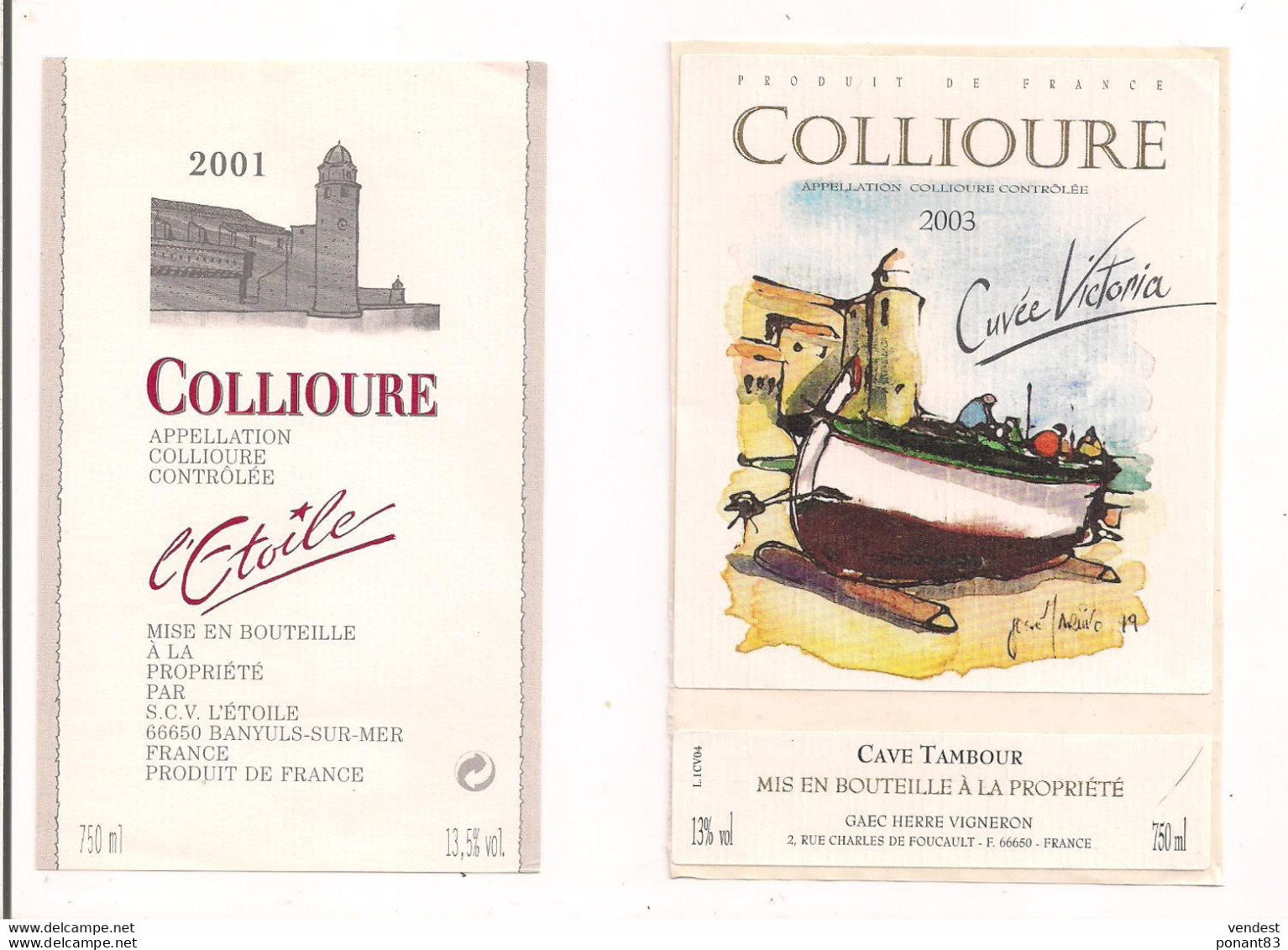 2 Etiquettes Vin De Collioure " L'Etoile " 2001 Et Cuvée Victoria 2003 Cave Tambour Gaec Henri Vigneron - - Languedoc-Roussillon