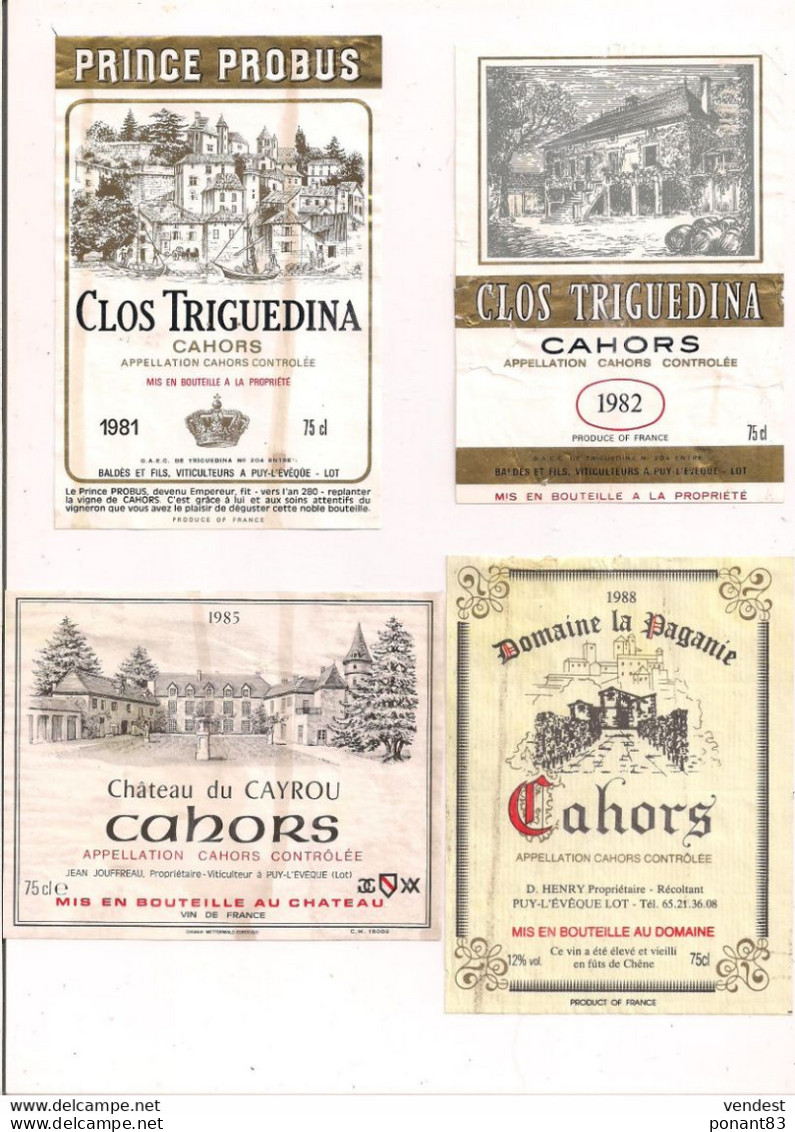 4 étiquettes Décollées  - Cahors: Clos Triguedina 1981,1982,château Cayrou 1985,domaine Paganie 1988 - - Cahors