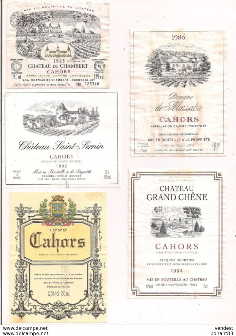 5 étiquettes Décollées  - Cahors Château Chambert 1985,domaine Massabie1986,château Grand Chêne & St Sernin 1992, - Cahors