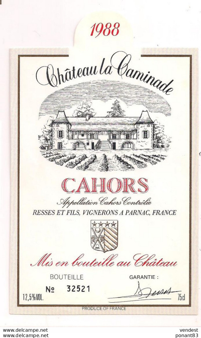 étiquette  - Cahors: Château La Caminade 1988 - Resses Er Fils à Parnac - - - Cahors