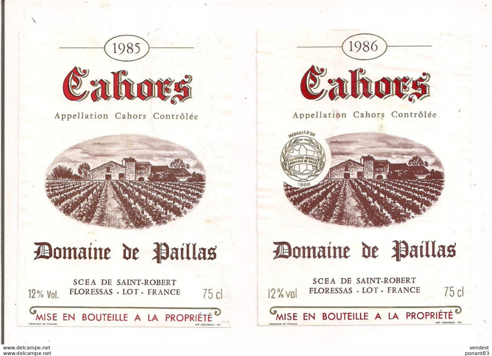 2 étiquettes Décollées  - Cahors: Domaine De Paillas 1985 Et 1986 - Floressas - - Cahors