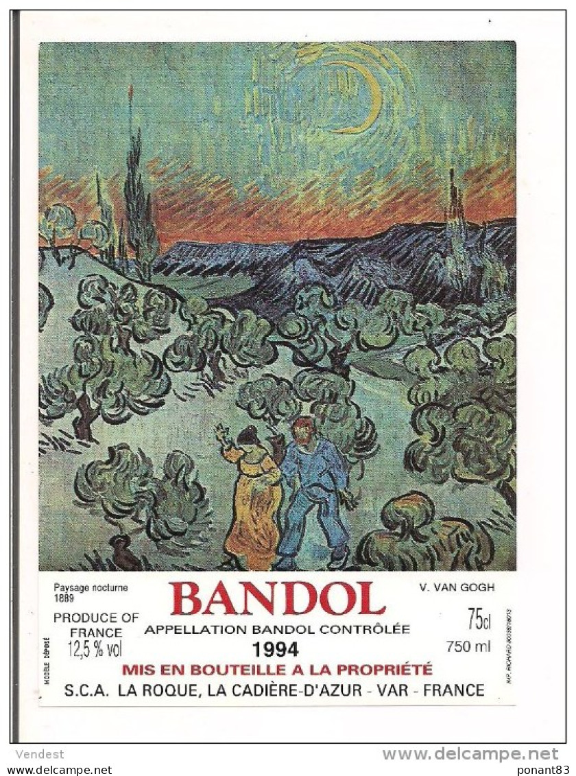 Etiquette BANDOL 1994 - Série  Van Gogh  : Payage Nocturne 1889 -- - Art