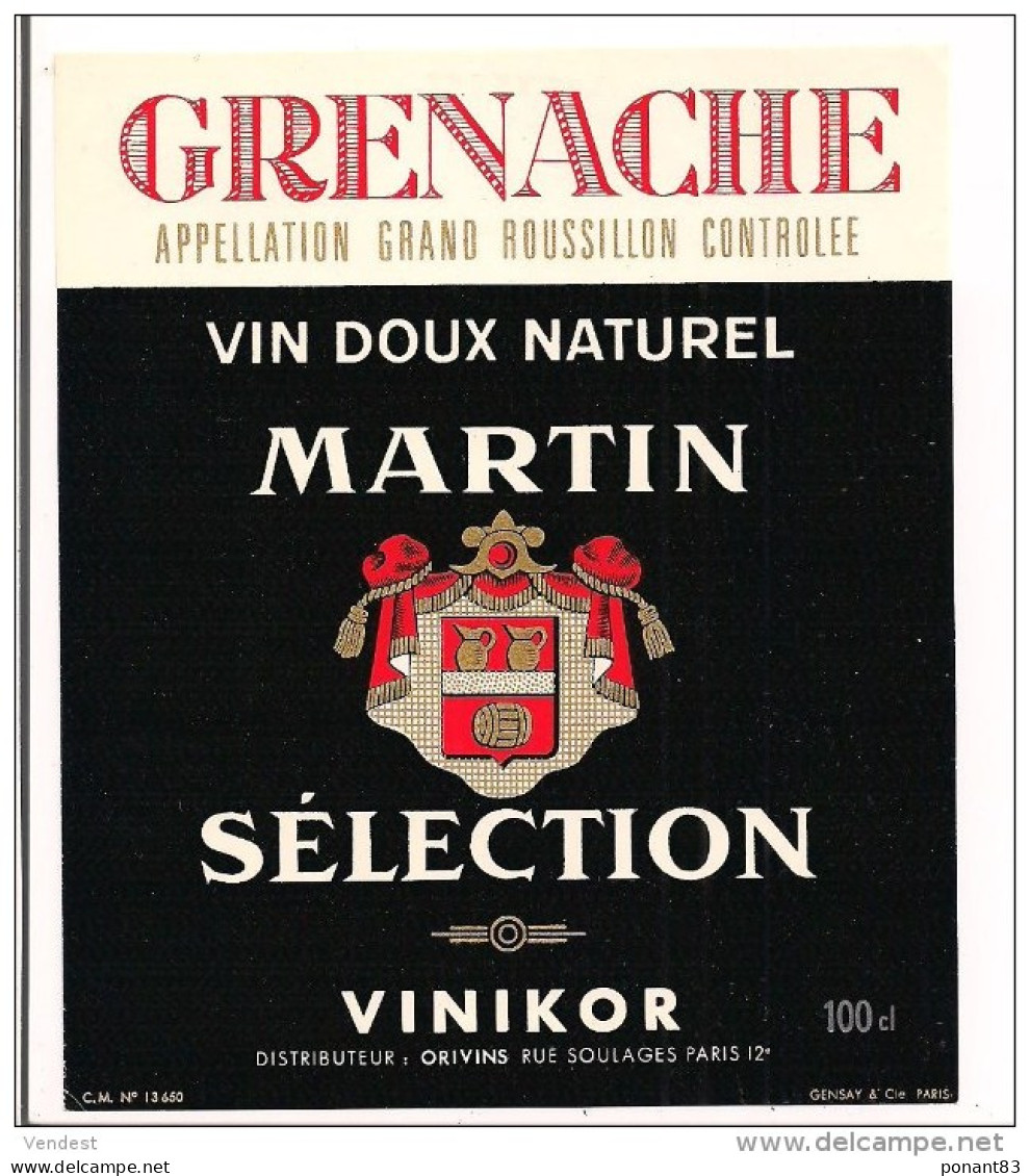 étiquette Grenache  Appellation Grand Roussillon Contrôlée - Vin Doux Naturel - Martin - Imp. Gensay & Cie - - Languedoc-Roussillon