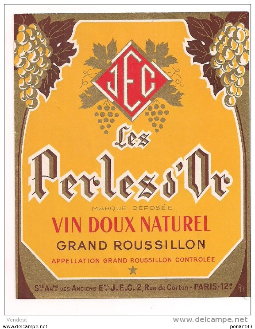 étiquette " Les Perles D'Or "  Grand Roussillon  - Vin Doux Naturel - - Languedoc-Roussillon