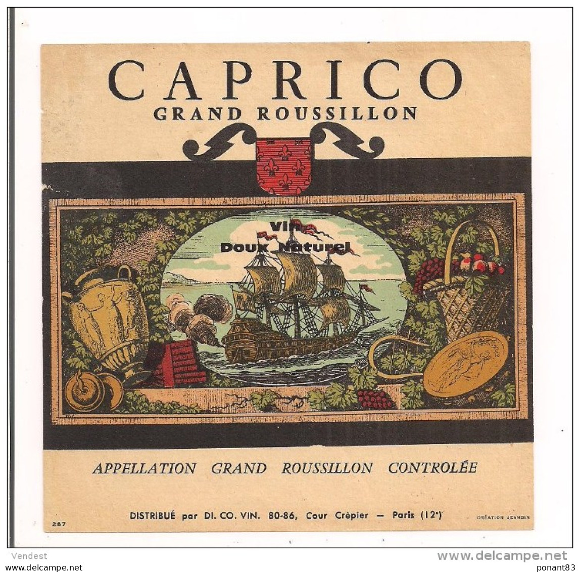 étiquette " Caprico "  Grand Roussillon  - Vin Doux Naturel - Création Jeanbin - - Languedoc-Roussillon