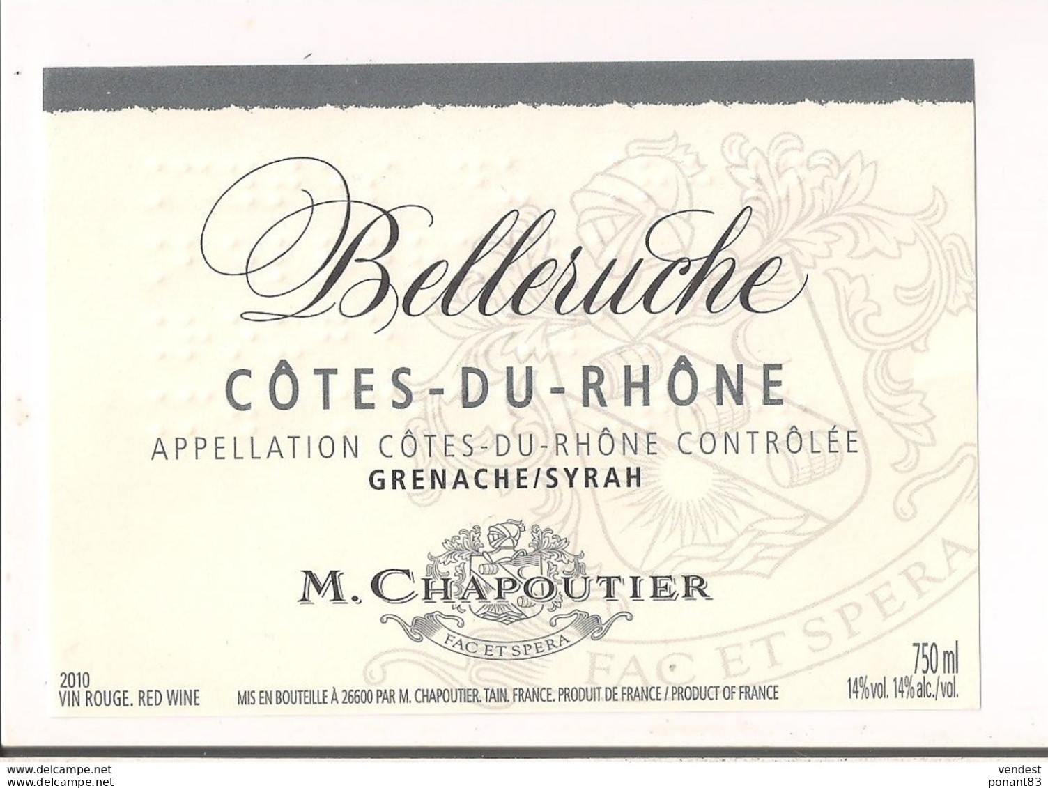 étiquette Côtes Du Rhône - Belleruche - Chapoutier - Grenache/syrah - - Côtes Du Rhône
