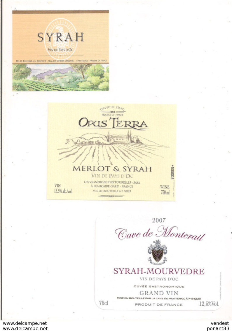 3 étiquettes Vin De Pays D'Oc Syrah, Opus Terra Merlot-Syrah, Cave De Monterail 2007 Syrah-Mourvèdre - - Languedoc-Roussillon