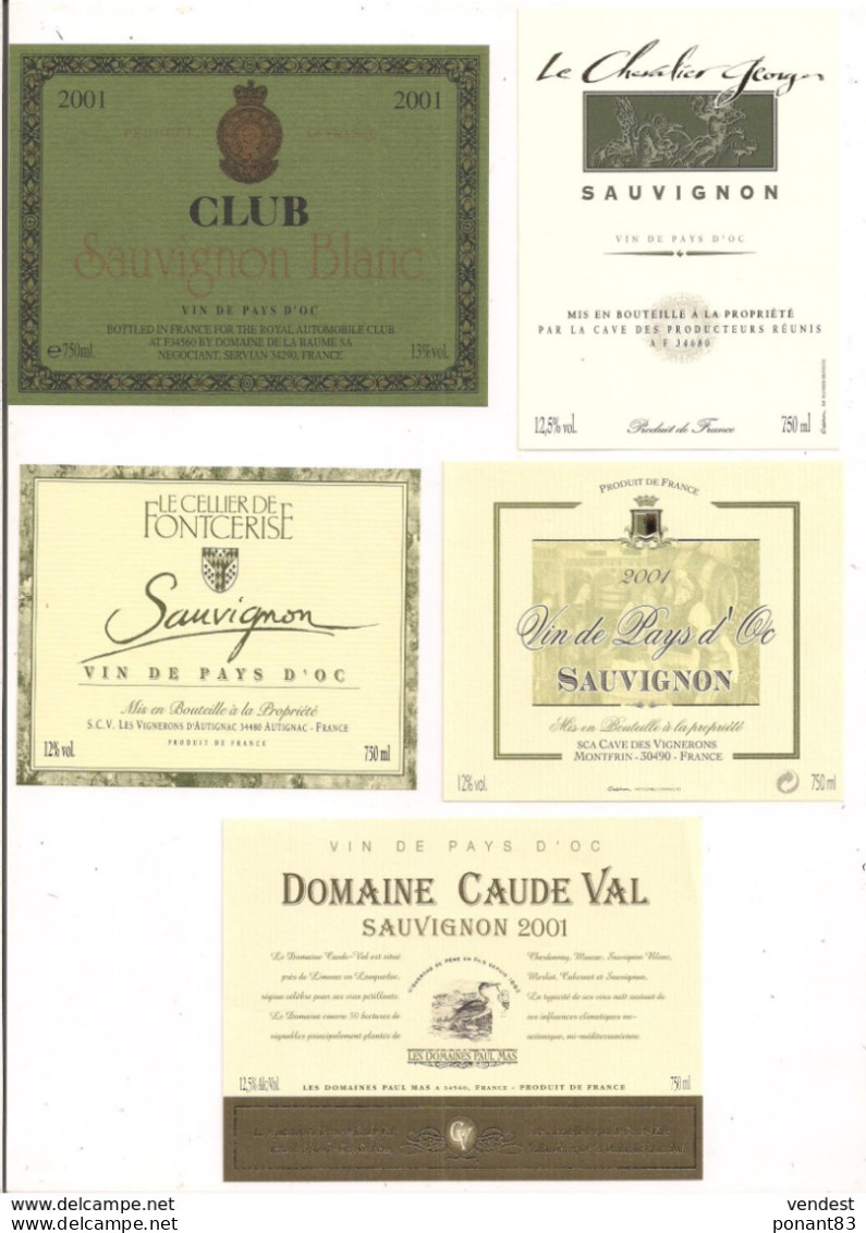 5 étiquettes Vin De Pays D'Oc Sauvignon; Club 2001,Chevalier Georges,Fontcerise, 2001,Claude Val 2001 - - Languedoc-Roussillon