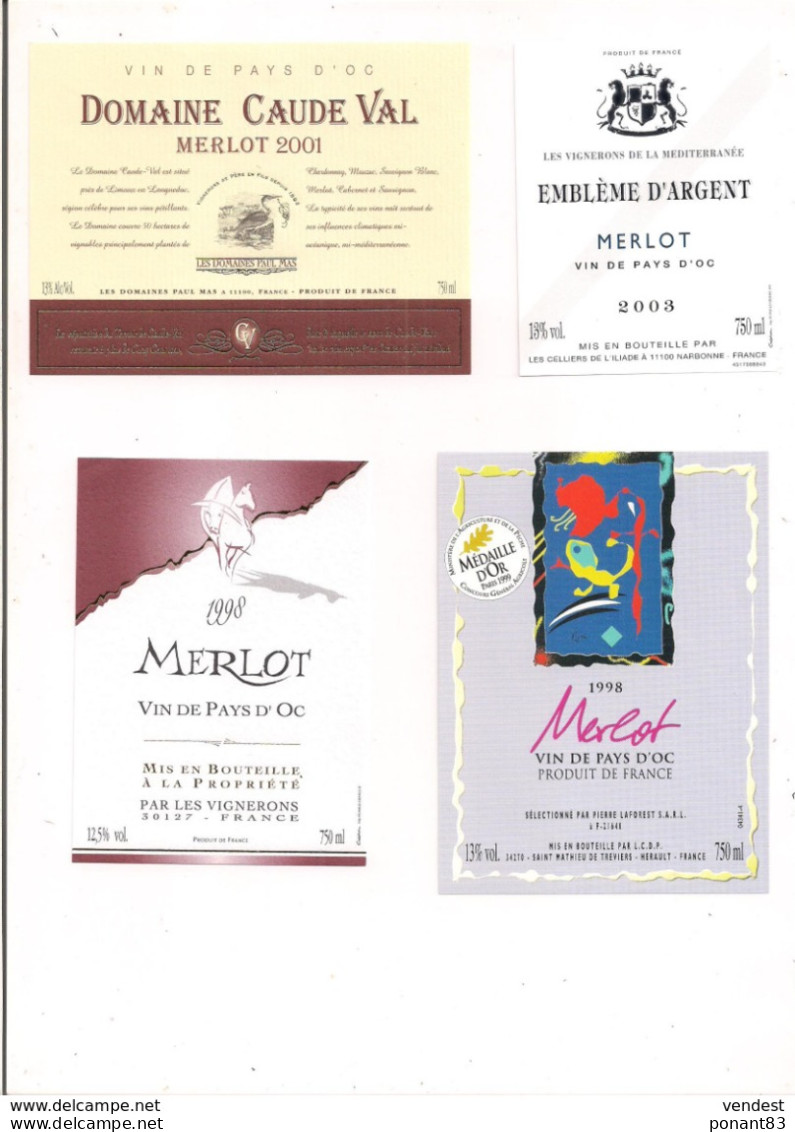 4 étiquettes Vin De Pays D'Oc Merlot: Claude Val 2001,Emblème D'Argent 2003,1998,médaille Or 1999 - Languedoc-Roussillon