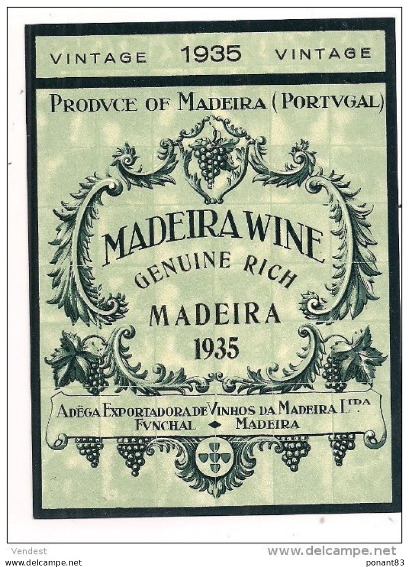 Etiquette  MADEIRA Wine , Guenuine Rich , Vintage 1935 -  Funchal, Portugal - Madère - étiquette Ancienne - - - Blancs