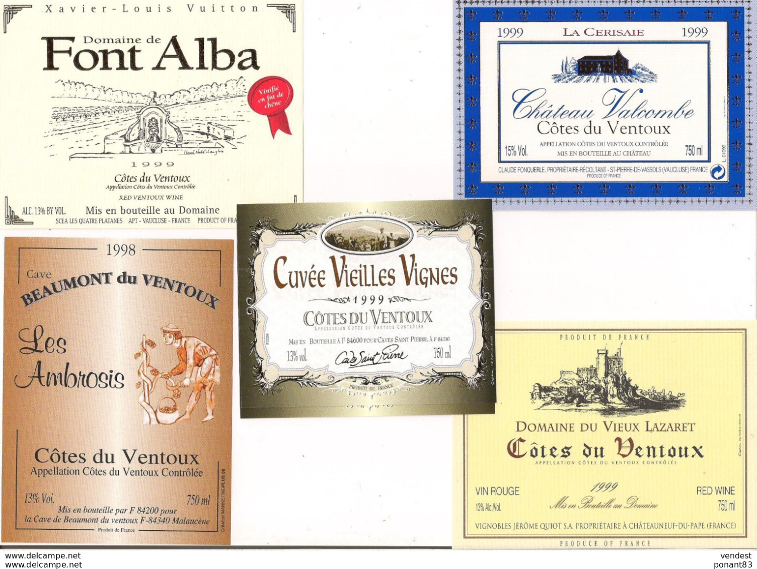 6 étiquettes Côtes Du Ventoux 1998 Et 1999 Font Alba,Valcombe,Vieilles Vignes,Les Ambrosis,Vieux Lazaret - - Côtes Du Ventoux