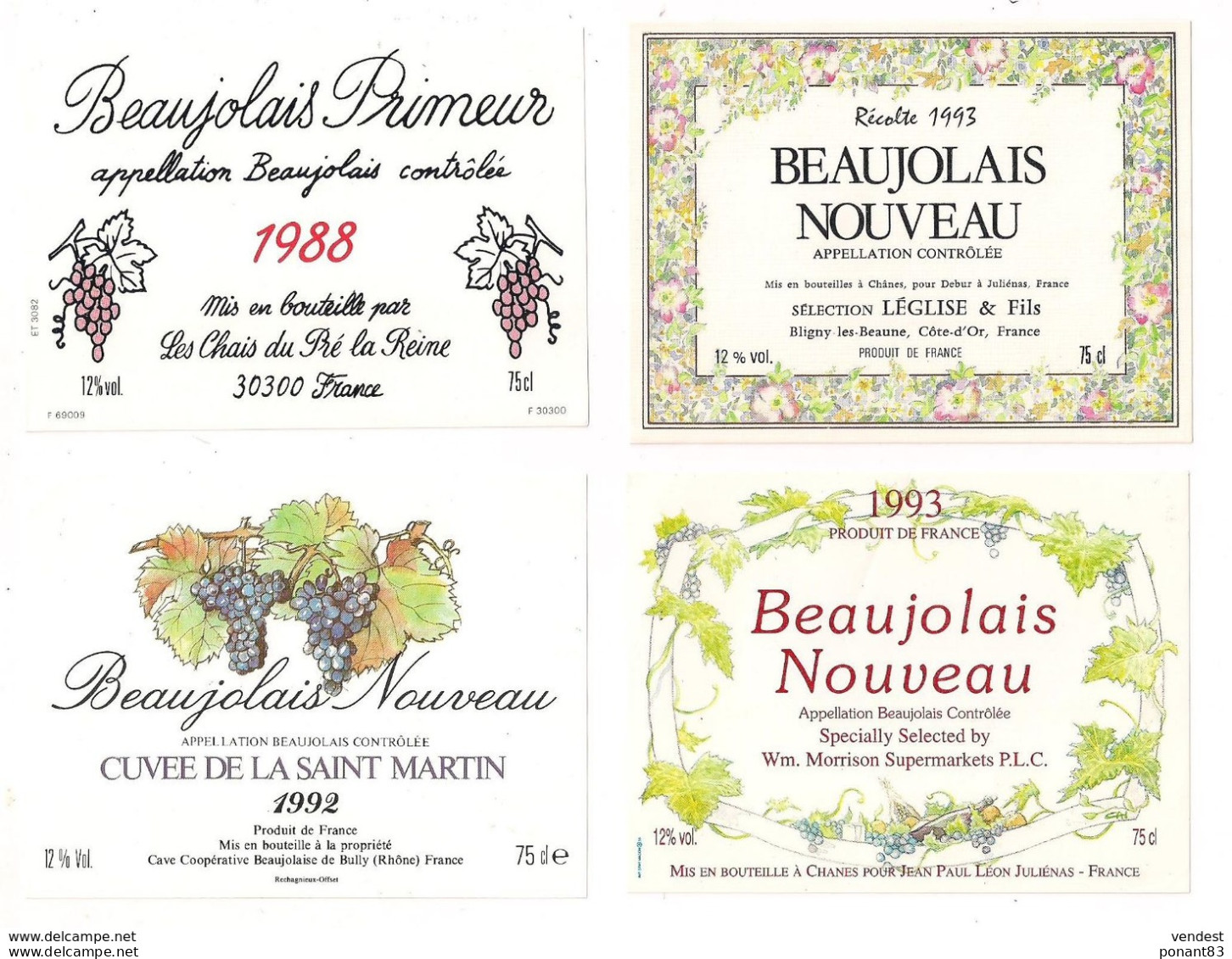4 étiquettes Beaujolais Primeur 1988, Nouveau 1992, 1993 - - Beaujolais