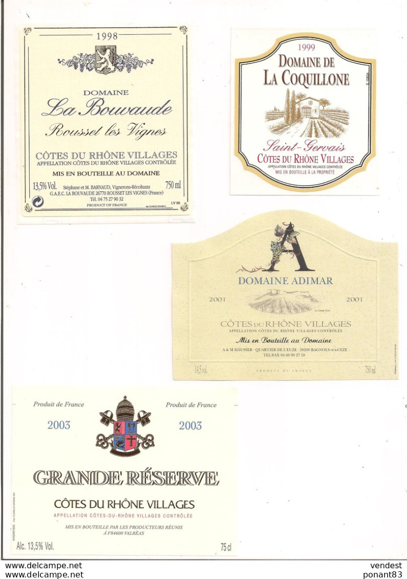 Etiquettes  Côtes Du Rhône Villages:Domaine Coquillone St Gervais 1999,la Bouvaude 1998,Adimar 2001, Grande Réserve 2003 - Côtes Du Rhône