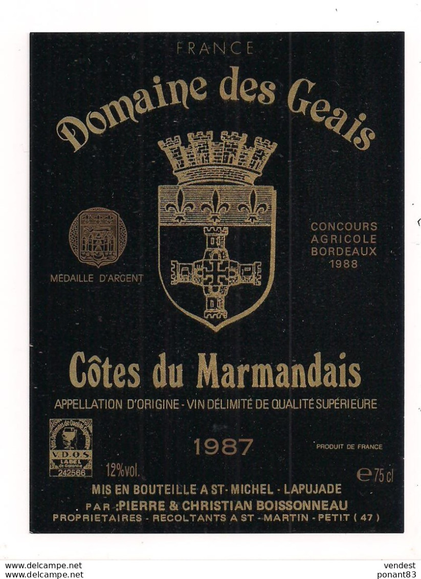 Etiquette  Domaine Des Geais - Côtes Du Marmandais - 1987 - P&C.Boissonneau - Argent Concours Agricole 1988 - - Gaillac