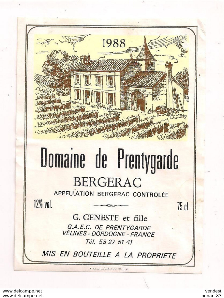 Etiquette Décollée Bergerac Domaine De Prentygarde - 1988 - G.Geneste à Vélines - - Bergerac