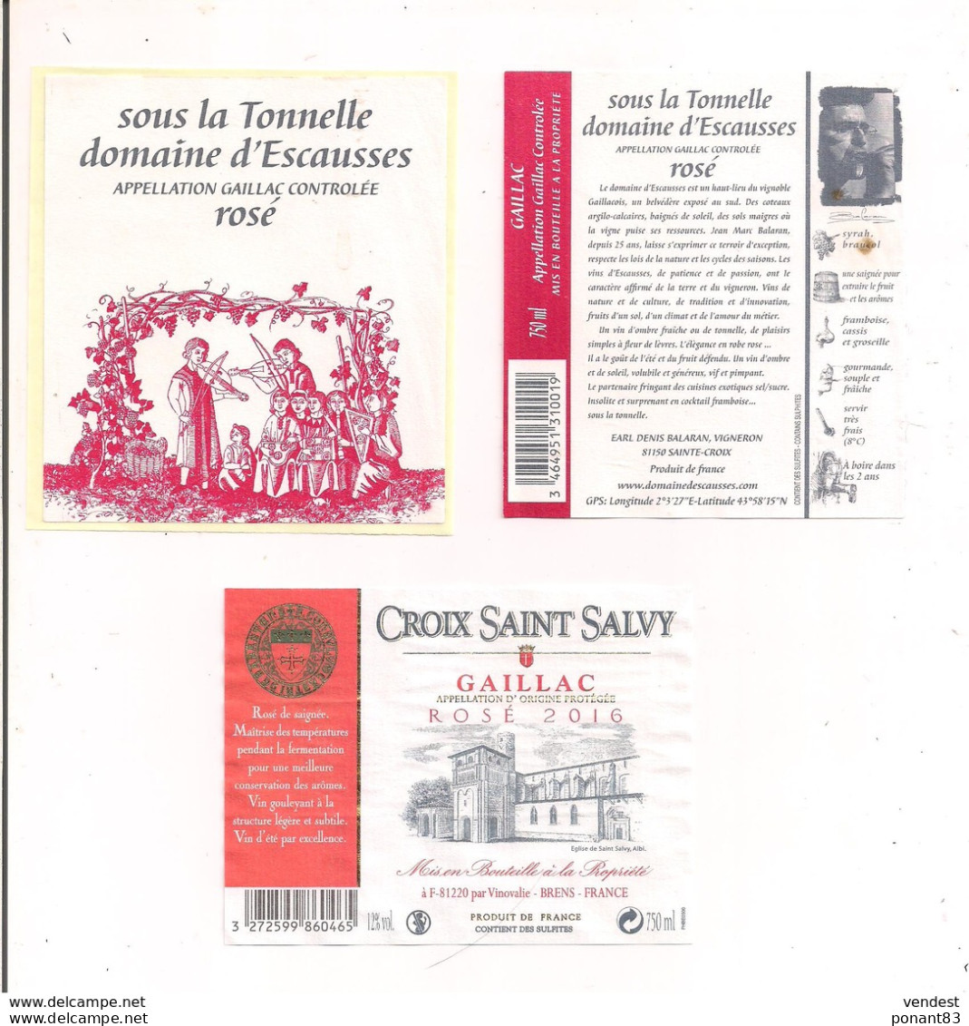 Etiquettes GAILLAC " Sous La Tonnelle" Domaine D'Escausses Rosé Et Croix Saint Salvy Rosé 2016 - Décollées - - Gaillac