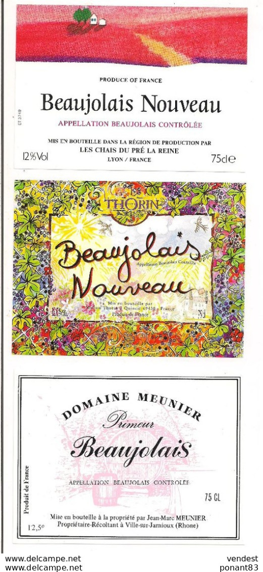 3 étiquettes Beaujolais Nouveau Thorin, Domaine Meunier à Ville Sur Jarnioux - - Beaujolais