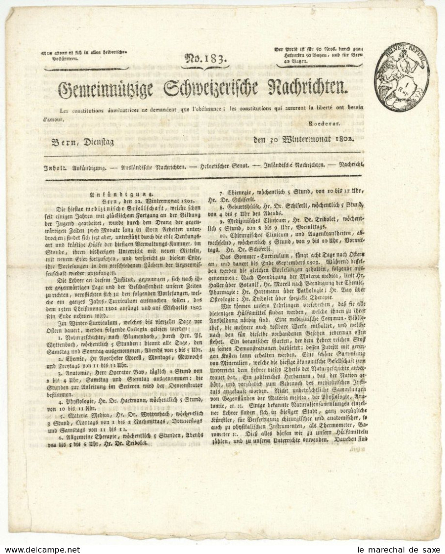 Gemeinnützige Schweizerische Nachrichten Bern 30 Wintermonat 1802 Fiskalstempel Helvetische Republik Postgeschichte - Documents Historiques