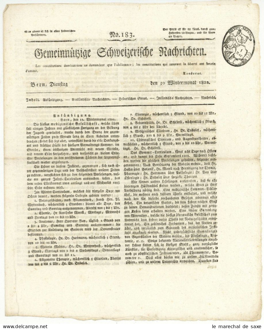 Gemeinnützige Schweizerische Nachrichten Bern 30 Wintermonat 1802 Fiskalstempel Helvetische Republik Postgeschichte - Historische Documenten