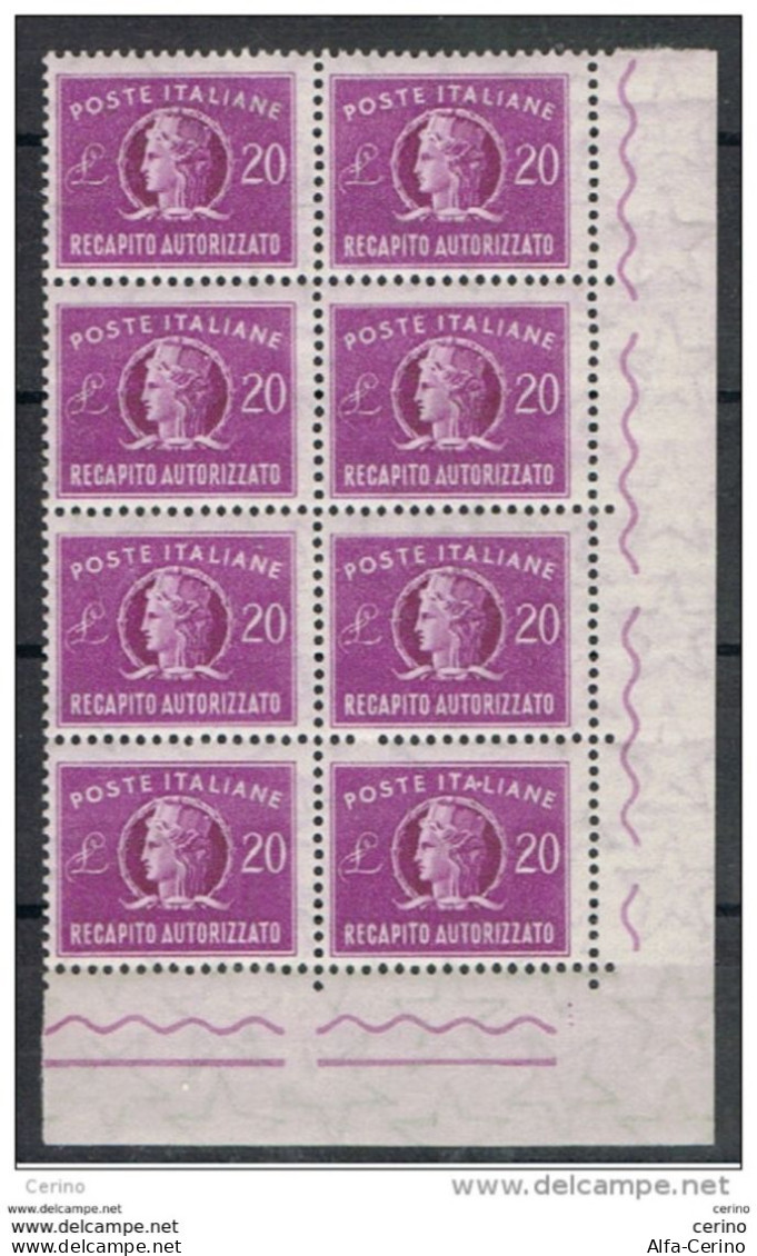 REPUBBLICA:  1955  RECAPITO  AUTORIZZATO  -  £. 20  LILLA  BL. 8  N.  -  SASS. 12 - Express/pneumatic Mail