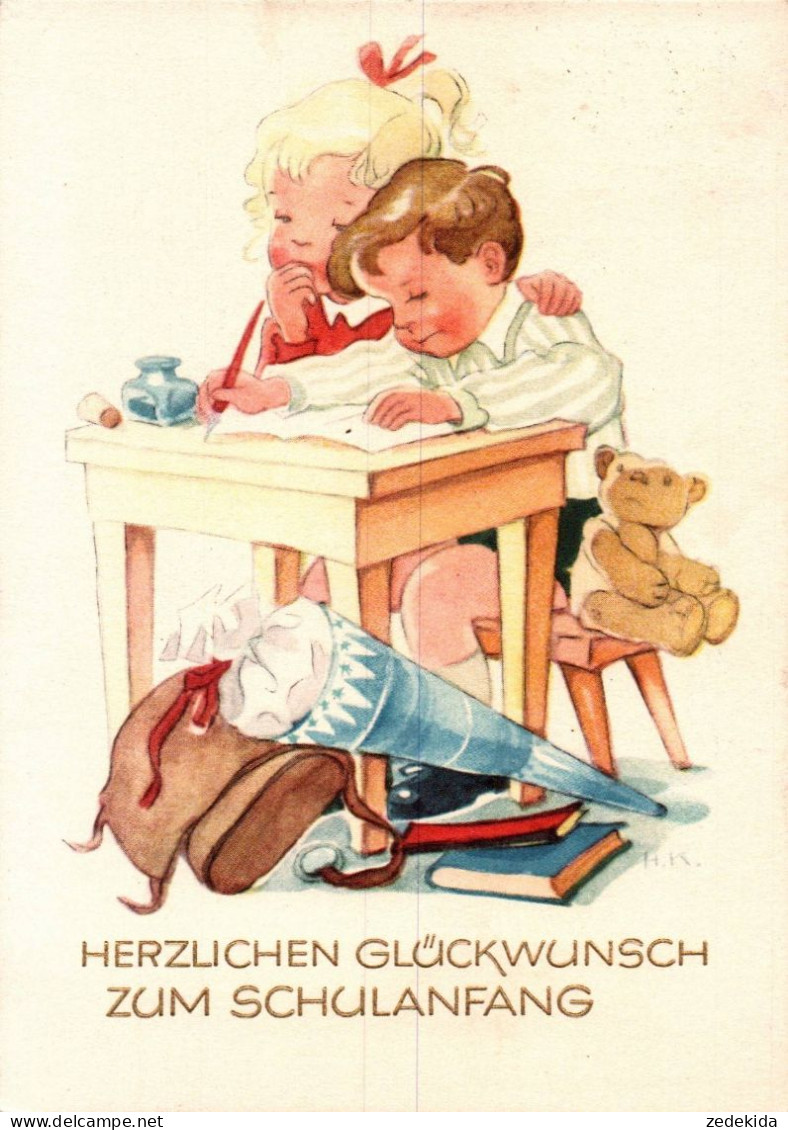 G7402 - TOP H.K. Glückwunschkarte Schulanfang Zuckertüte Teddy - Kinder - Planet Verlag DDR Grafik - Primero Día De Escuela