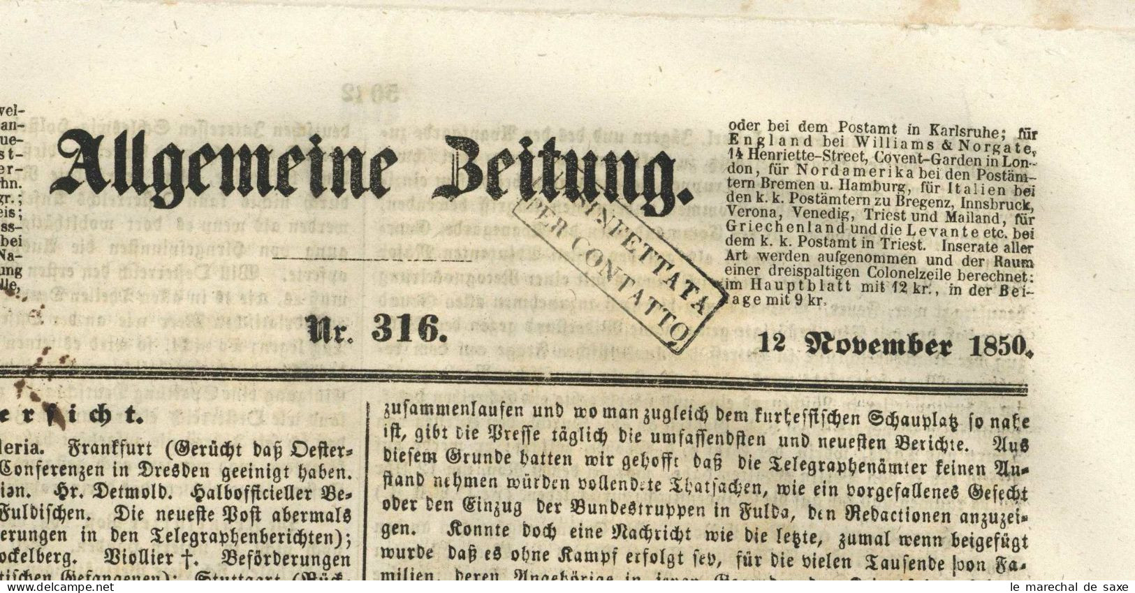 DISINFETTATA PER CONTATTO Augsburg Allgemeine Zeitung 316 V 12. November 1850 Desinfektionsstempel - Historical Documents