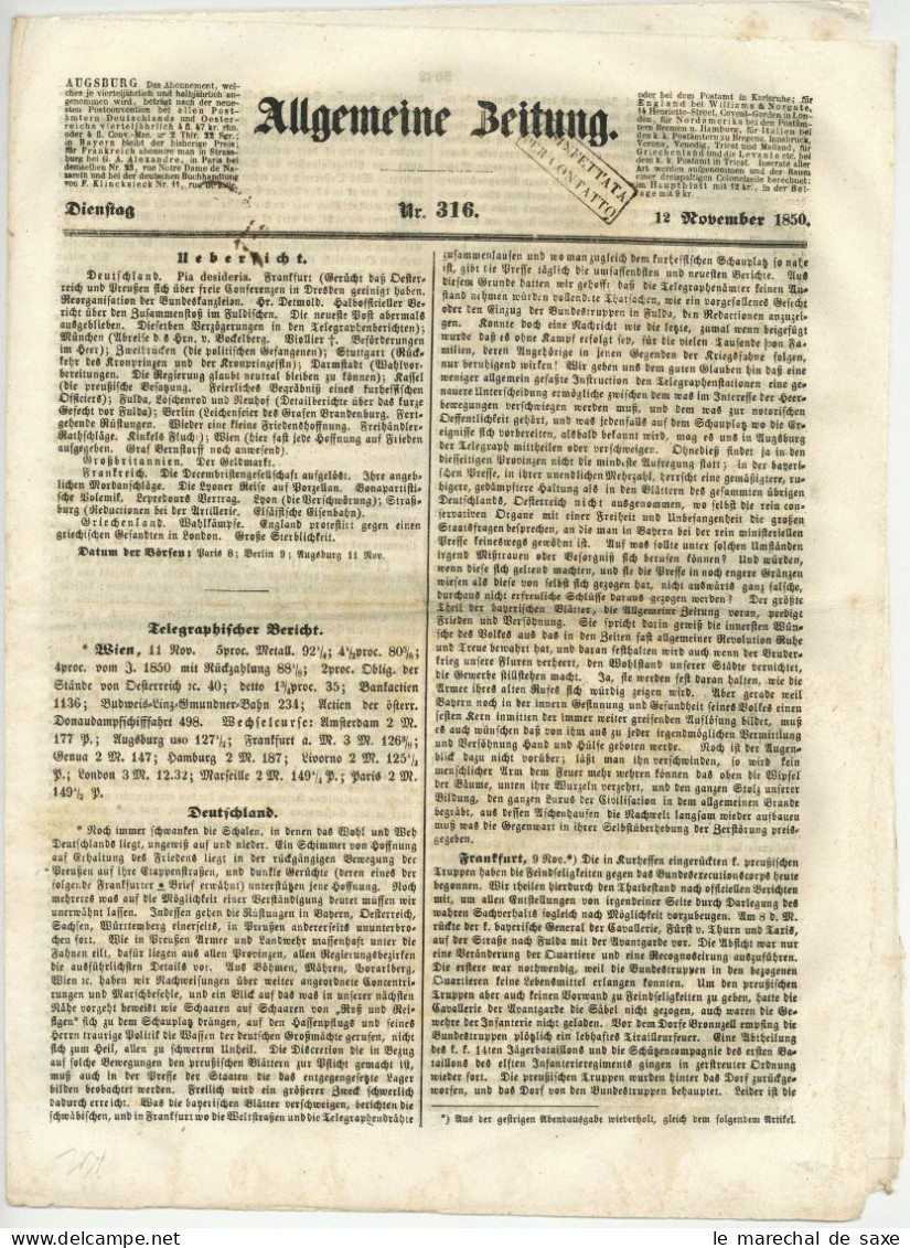 DISINFETTATA PER CONTATTO Augsburg Allgemeine Zeitung 316 V 12. November 1850 Desinfektionsstempel - Historical Documents