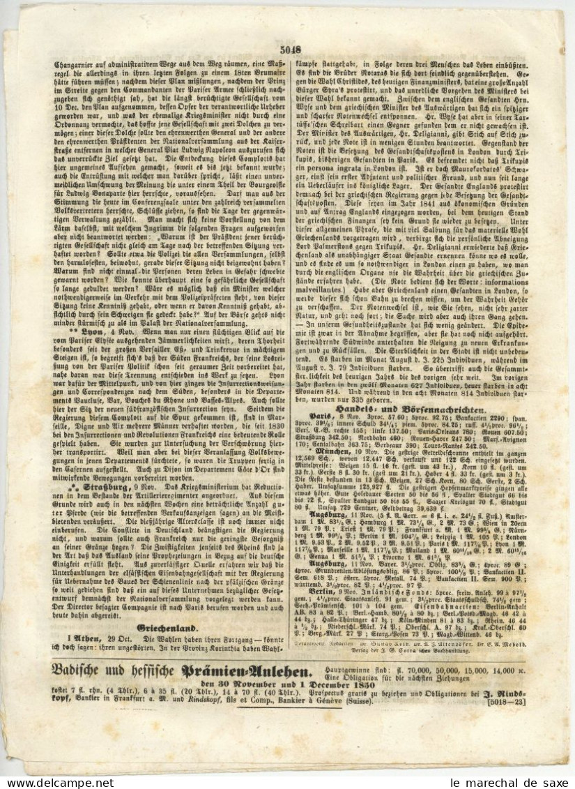 DISINFETTATA PER CONTATTO Augsburg Allgemeine Zeitung 316 V 12. November 1850 Desinfektionsstempel - Documenti Storici