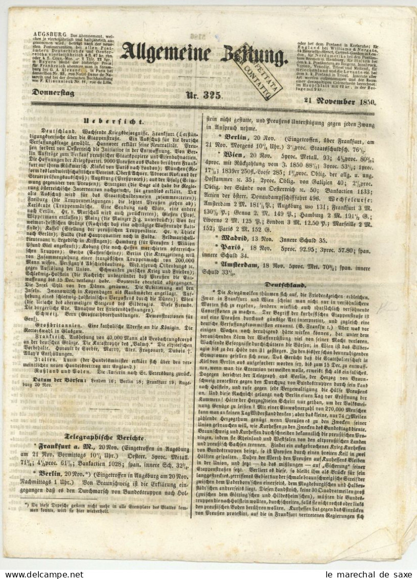 DISINFETTATA PER CONTATTO Augsburg Allgemeine Zeitung 325 V 21. November 1850 Desinfektionsstempel - Historische Documenten