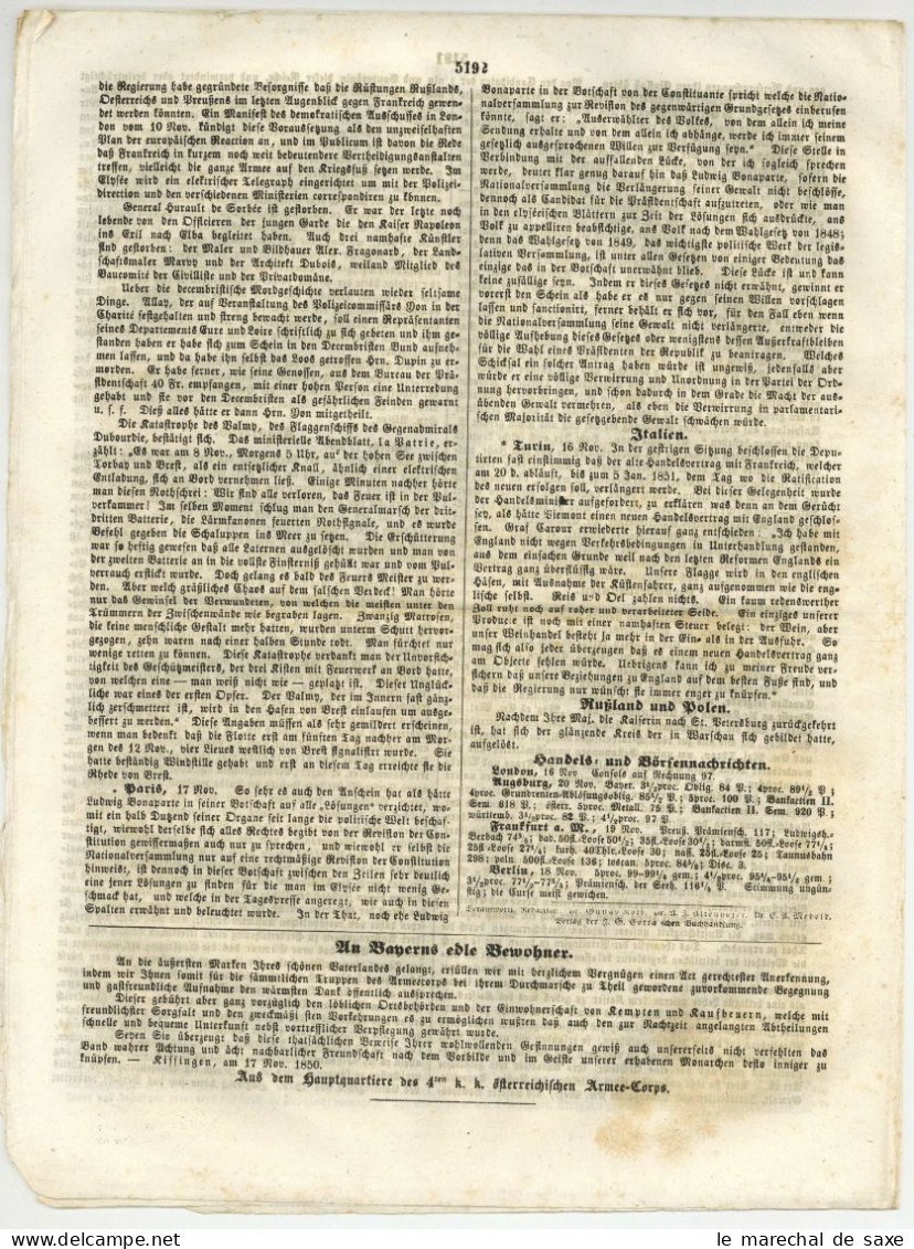 DISINFETTATA PER CONTATTO Augsburg Allgemeine Zeitung 325 V 21. November 1850 Desinfektionsstempel - Historical Documents