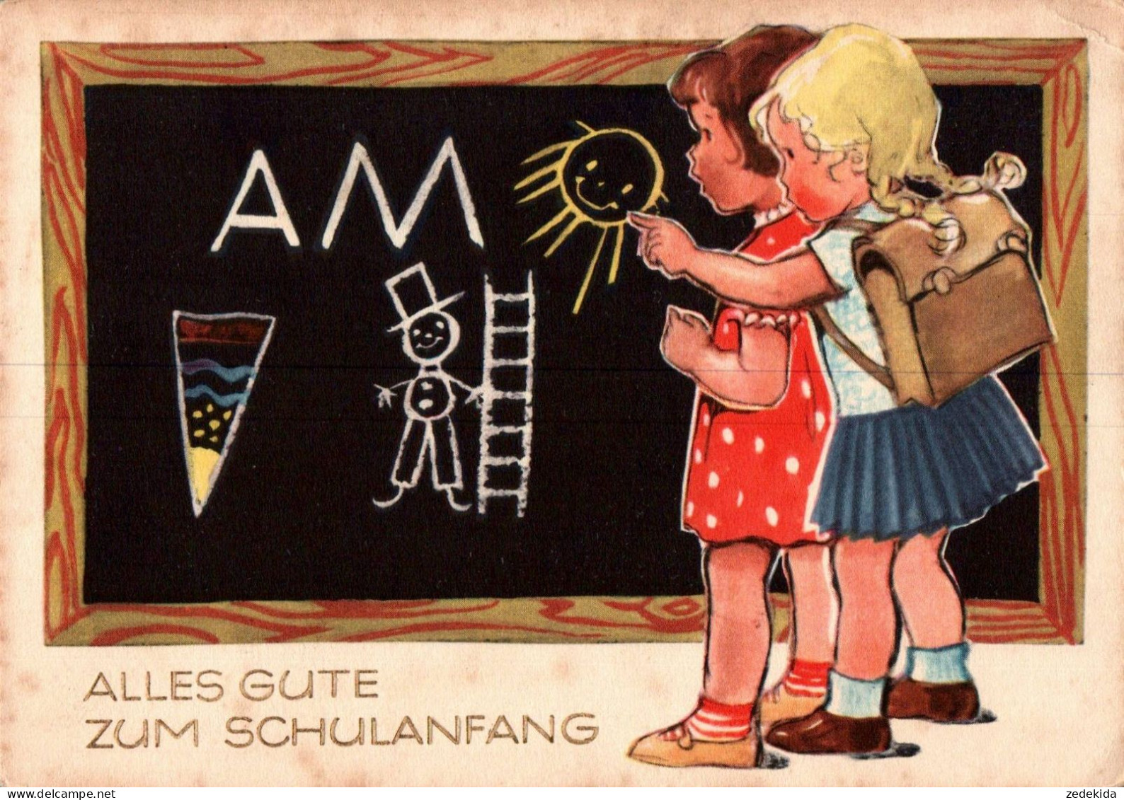 G7403 - Glückwunschkarte Schulanfang - Schultafel Kinder - Planet Verlag DDR Grafik - Premier Jour D'école