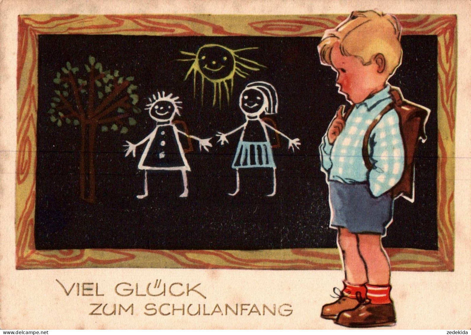 G7404 - Glückwunschkarte Schulanfang - Schultafel Kinder - Planet Verlag DDR Grafik - Einschulung