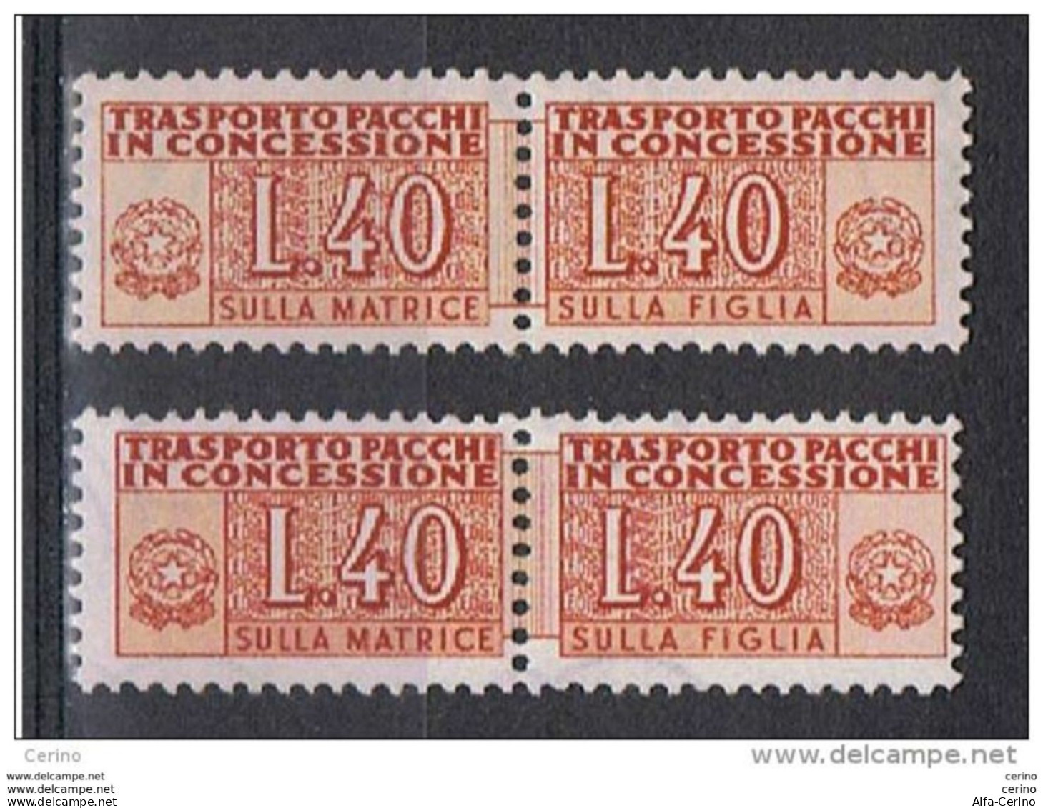 REPUBBLICA:  1953  PACCHI  IN  CONCESSIONE  RUOTA  -  £. 40  ARANCIO  BRUNO  N. -  RIPETUTO  2  VOLTE  -  SASS. 1 - Consigned Parcels