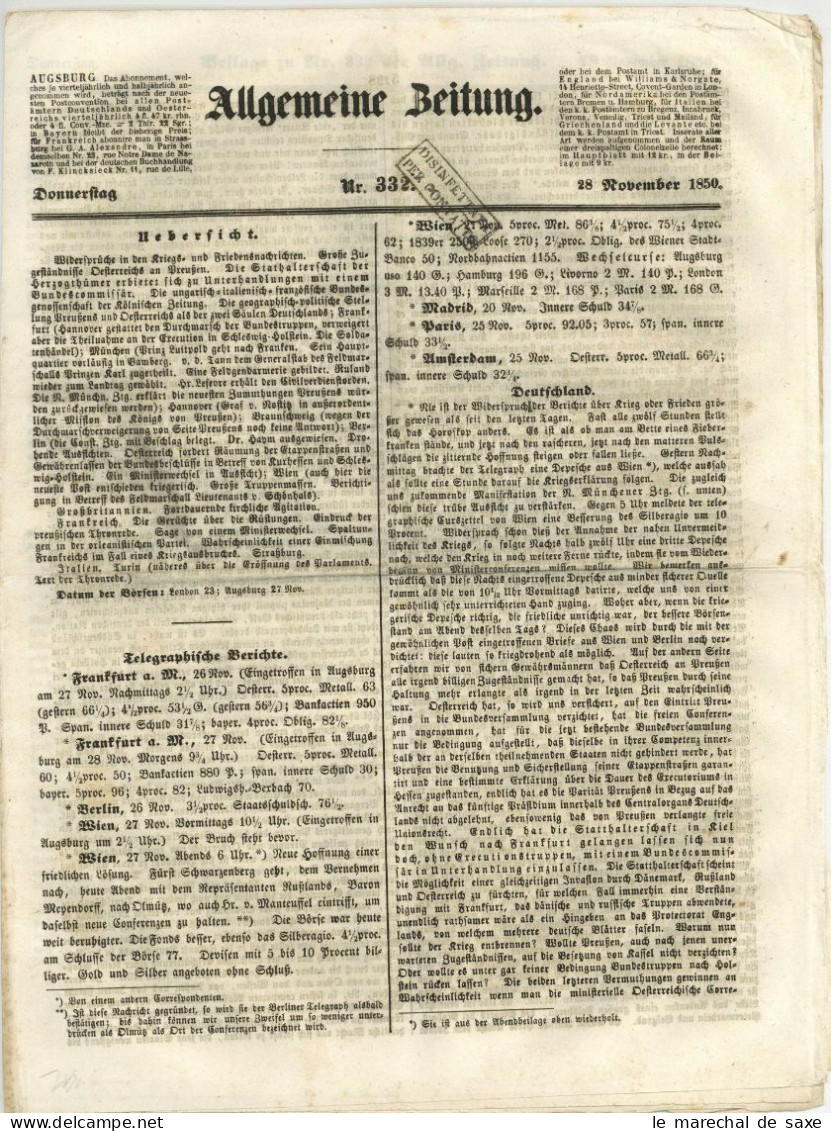 DISINFETTATA PER CONTATTO Augsburg Allgemeine Zeitung 332 V 28. November 1850 Desinfektionsstempel - Historische Documenten