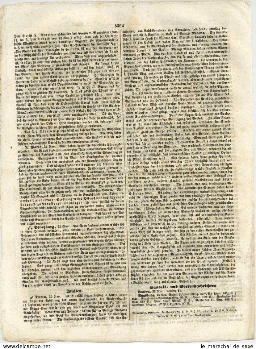 DISINFETTATA PER CONTATTO Augsburg Allgemeine Zeitung 332 V 28. November 1850 Desinfektionsstempel - Historical Documents