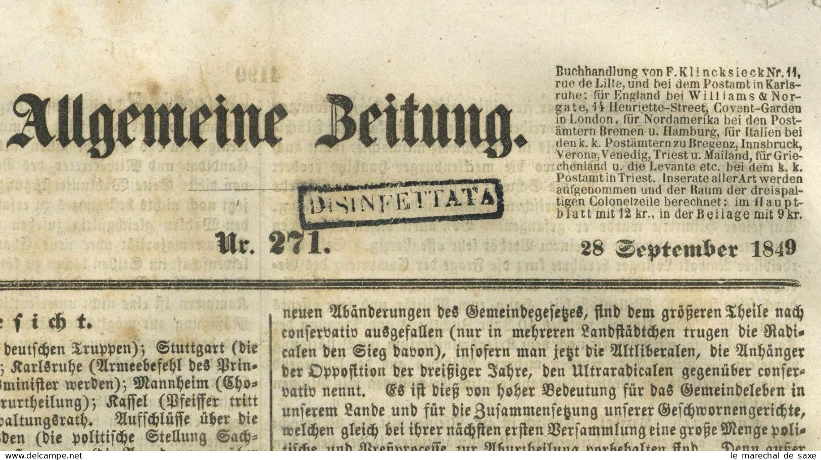 DISINFETTATA Augsburg Allgemeine Zeitung 271 V 28 September 1849 Desinfektionsstempel Desinfected Mail Italia - Historische Documenten