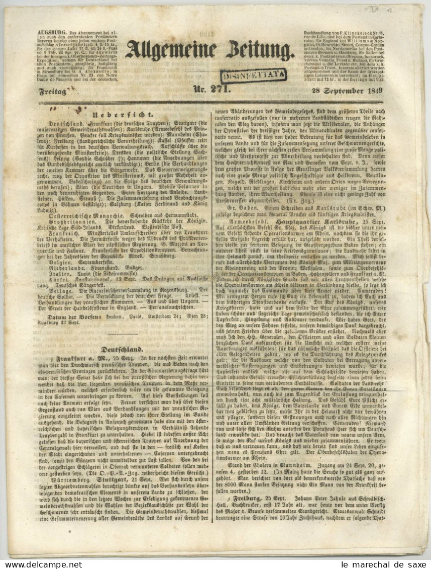 DISINFETTATA Augsburg Allgemeine Zeitung 271 V 28 September 1849 Desinfektionsstempel Desinfected Mail Italia - Documenti Storici