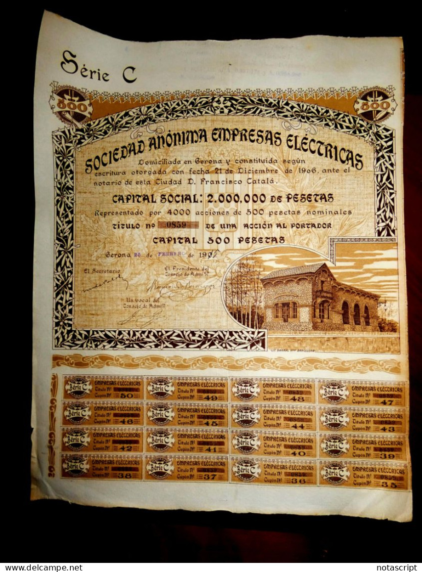 Sociedad Anónima Empresas Eléctricas, Gerona 1915 .Share Certificate - Elettricità & Gas